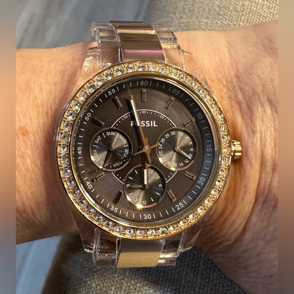 Women’s Fossil watch, lucite and rose gold